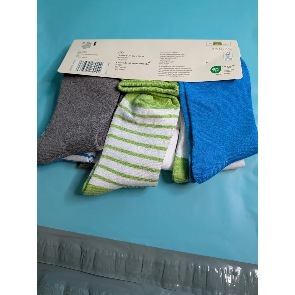 L&D Childrens 6pk Crew Socks Alien UFO Stripes Blue Green Grey White Size M NEW